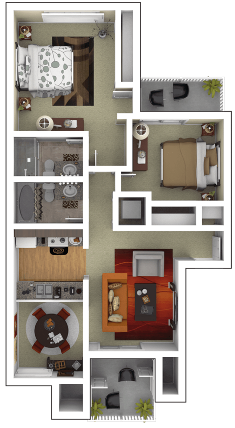 Floor plan for 2 beds, 2 baths, 930 sqft